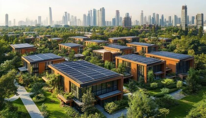 Fototapeta premium Aerial view of modern wooden eco homes with rooftop solar panels surrounded by lush trees and gardens, a peaceful sustainable neighborhood with distant city skyline