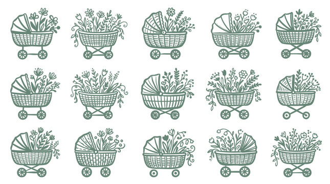 Collection of baby carriages filled with various flowers and plants, hand-drawn style.
