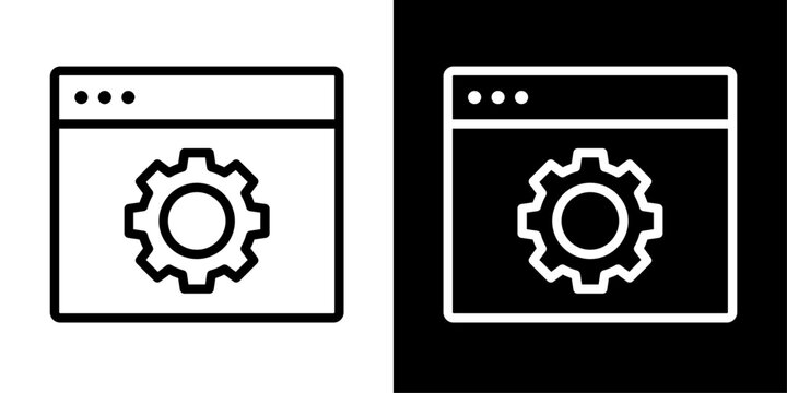 Modern website optimization icon featuring a browser window with a gear symbol. Ideal for web performance, SEO, website settings, maintenance, and development.