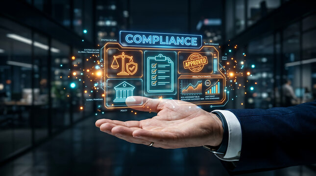 Business professional presenting digital compliance interface with legal icons and approval stamps during modern office presentation