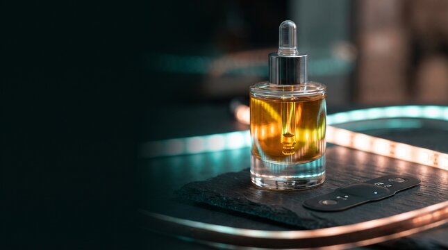 A futuristic cosmetic serum dropper bottle and an advanced wearable smart patch biosensor on a dark textured stone surface, illuminated by cinematic cyan and orange neon lights with copy space for bio