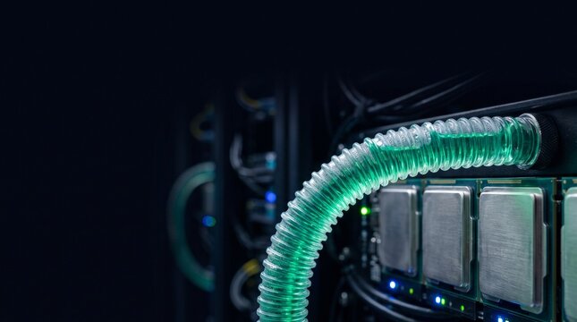 Macro shot of an advanced liquid cooling system inside a high-performance server rack, featuring flexible tubes with glowing green coolant flowing over processors and hardware components with dark bac
