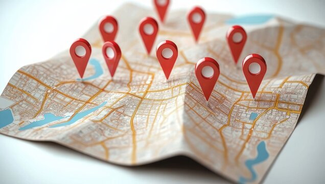 Folded city map with streets, waterways and multiple red location pins evoking exploration, navigation and route planning