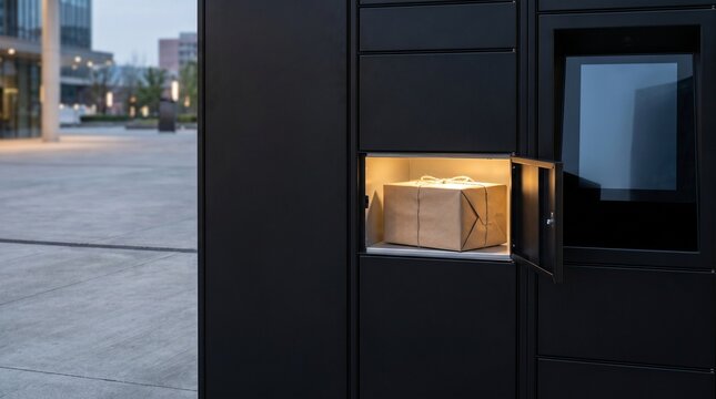 Modern automated smart locker system with an open compartment revealing a brown craft paper parcel box under warm interior light, featuring a digital touch screen interface in a minimalist urban city 