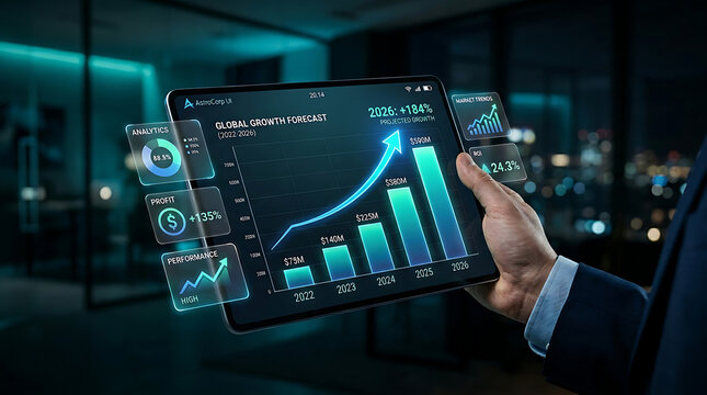 Businessman analyzing global growth forecast on tablet with holographic charts during night in office