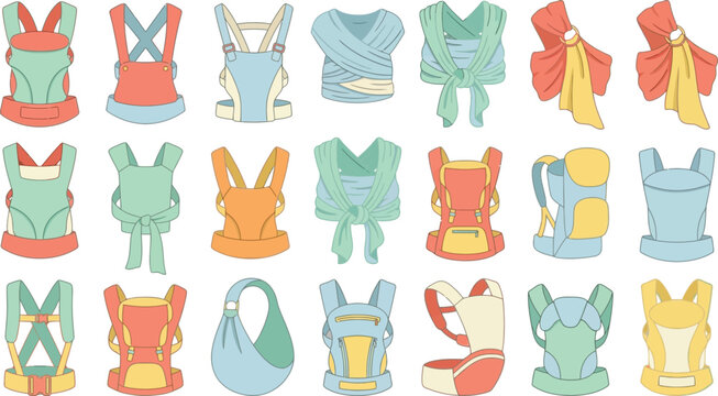 Collection of modern baby carriers and slings in soft pastel colors, flat vector icons for parenting products