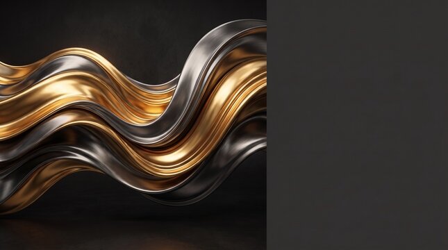 Luxurious 3D abstract background featuring flowing liquid gold and platinum metallic ribbons with smooth waves on a dark black matte backdrop, including empty copy space for premium branding design.