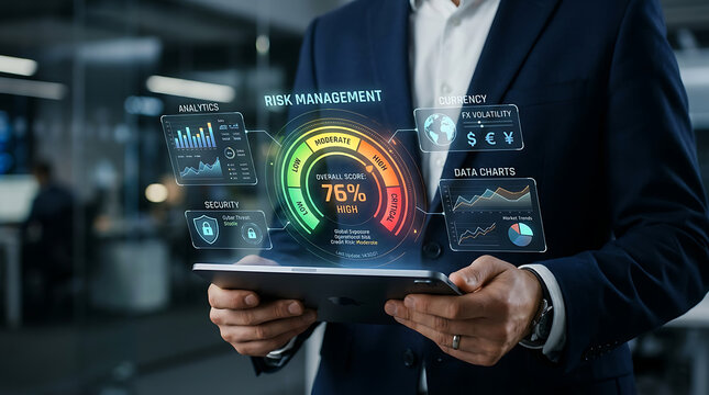 Businessman analyzing risk management data with holographic interface during office meeting