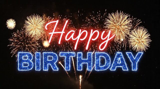 Happy neon sign glowing against a background of exploding golden fireworks night glow sky