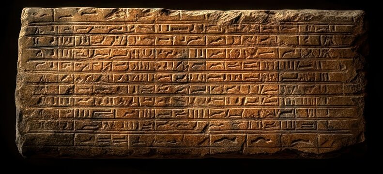 Ancient rectangular clay tablet covered in horizontal rows of carved cuneiform script, warm low lighting highlighting rough edges and evoking mystery and historical reverence