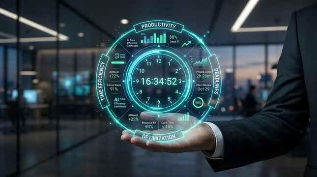 Businessman holding digital clock interface showing time and productivity metrics in office setting