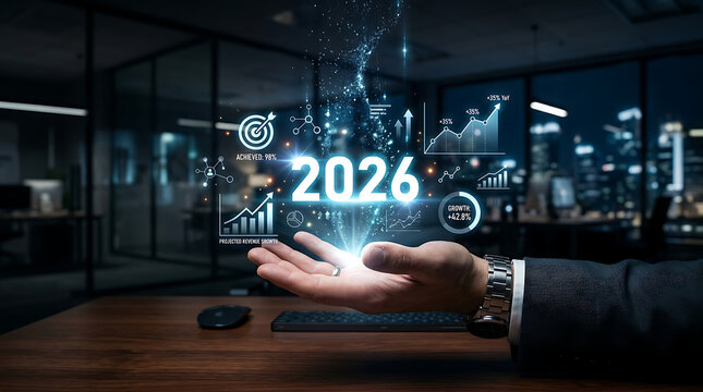 Businessman holding glowing 2026 data projections with digital charts over office desk