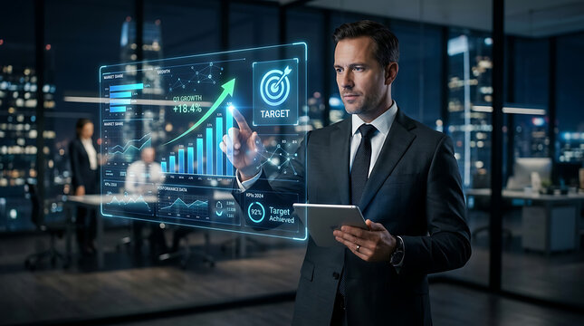 Businessman interacting with a futuristic holographic financial graph and achievement during night in modern office