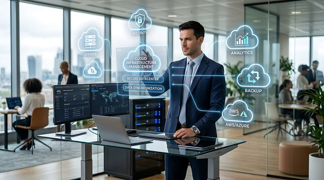 Businessman interacting with cloud computing interface during office meeting in modern workspace