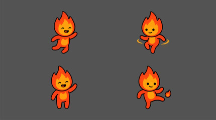 Fototapeta premium Cute Flat Design Fire Sprite Icons with Four Playful Poses and Happy Expressions, Orange and Yellow Gradient Flames, Simple Cartoon Characters for Games and Graphics