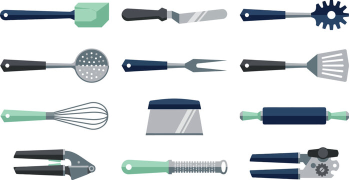 Collection of modern geometric flat vector kitchen tools and cooking utensils for professional culinary chefs