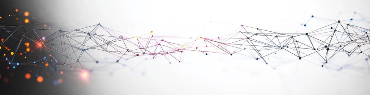 flowing abstract network of interconnected nodes and lines with glowing orange and blue particles conveying dynamic futuristic connectivity