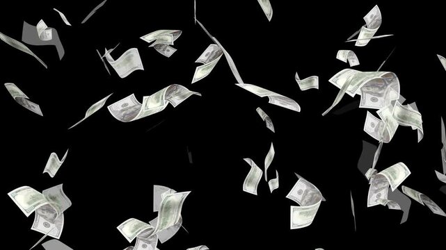 Money Falling - Dollar bills falling down from the sky.Money falling dollar banknotes on a transparent background.US dollar banknotes flying in super slow motion against black background.