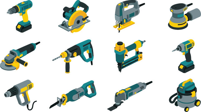 Collection of professional power tools and industrial construction equipment in a clean isometric vector style