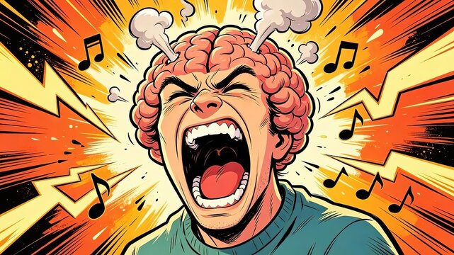 Comic Pop Art Screaming Man Exposed Brain Smoke Musical Notes Lightning Orange Yellow Background