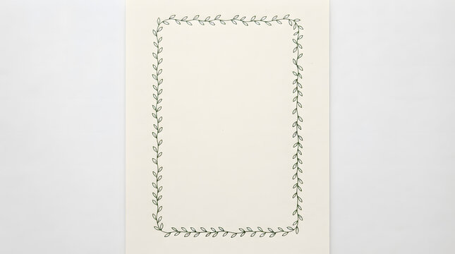 Minimalist rectangular border made of delicate leaf chain on a clean white paper background style