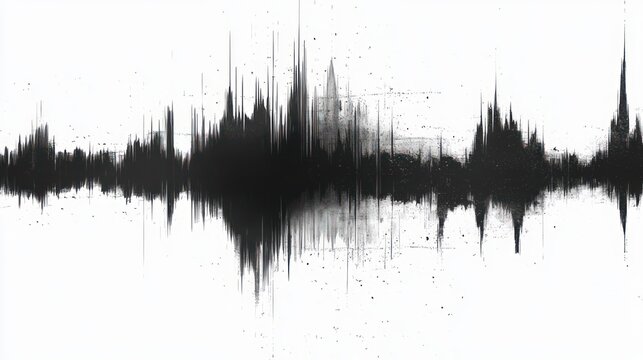 black mirrored audio waveform with jagged vertical spikes, ink splatters and gritty texture on white background conveying tension and intensity