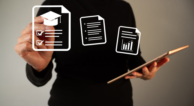 Hand holds tablet with floating document icons. Person shows educational materials in simple graphic style. Icons represent certificates, reports, and graphs