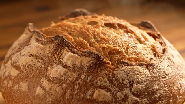 Close up of a rustic artisan sourdough bread loaf with a golden brown crust.