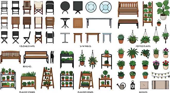 Outdoor furniture and garden decor vector set featuring chairs tables benches potted plants and patio accessories