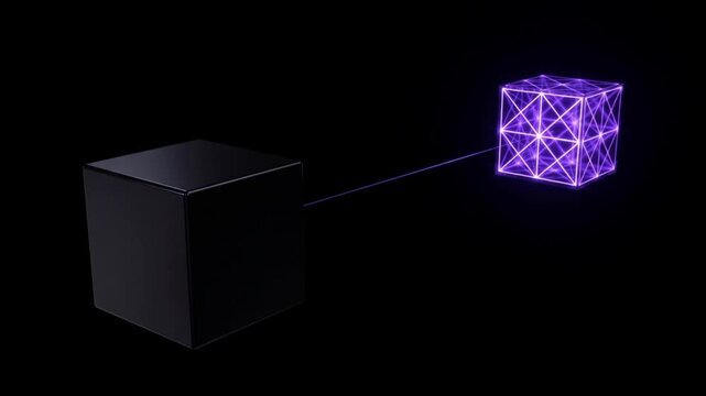 暗黒空間で紫色の光が2つのキュービット間を瞬間移動する量子テレポーテーションのCG映像