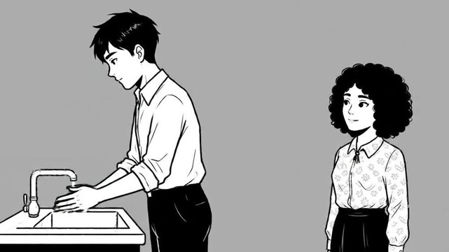 Man washing hands at sink, woman watching, hygiene concept, clean, health, medical