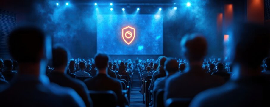 audience of seated attendees watching an illuminated stage and large screen displaying a shield icon with blue lights and fog, focused anticipation and engagement