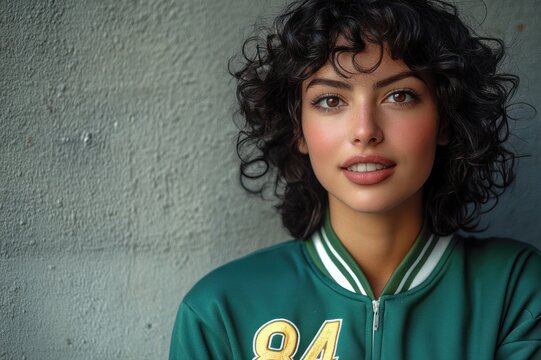 Curly-haired individual with obscured face in green varsity jacket with number 84 leaning against textured concrete wall, calm introspective mood