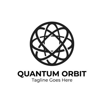 Black circular atom orbit logo with interlaced rings.