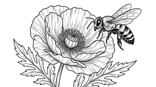 Vintage botanical illustration of a honey bee and poppy flower, hand drawn ink sketch of garden insect and floral bloom, black and white line art isolated PNG with Transparent Background