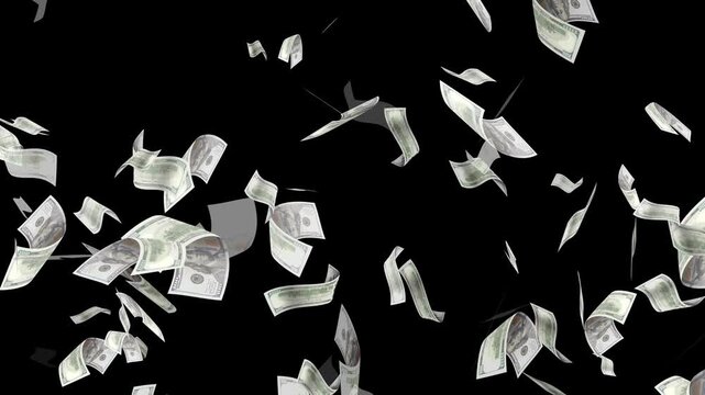 Money Falling - Dollar bills falling down from the sky.Money falling dollar banknotes on a transparent background.US dollar banknotes flying in super slow motion against black background.