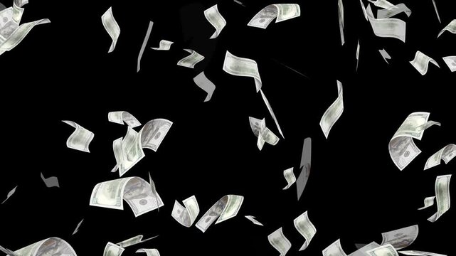 Money Falling - Dollar bills falling down from the sky.Money falling dollar banknotes on a transparent background.US dollar banknotes flying in super slow motion against black background.