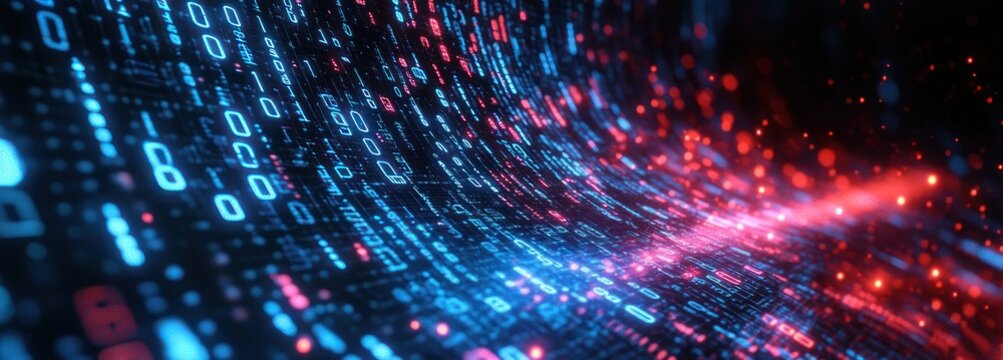 glowing blue and red binary digits and streaming code forming a curved data tunnel with neon light streaks and particles conveying dynamic high-speed futuristic motion and intensity