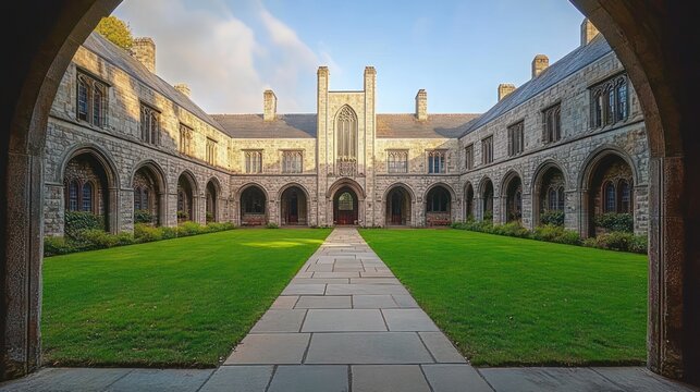 Sunlit historic stone quadrangle with arched colonnades, central paved path and green lawn, a serene academic courtyard in warm golden light