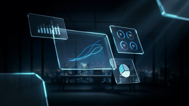 Holographic data displays with charts and graphs futuristic style