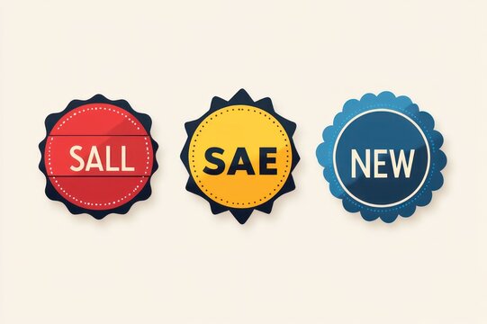 Three scalloped round promotional badges in red, yellow, and blue reading 'SALL', 'SAE', and 'NEW' with a cheerful playful flat design on a pale background
