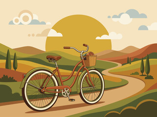 Fototapeta premium A bicycle is parked on a winding road through rolling hills and trees at sunset