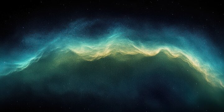 Ethereal teal and golden nebula arc over a star-filled deep space, evoking wonder and serene mystery