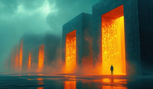 solitary silhouette before towering concrete portals of molten orange light in a foggy teal landscape, an eerie mix of awe and foreboding