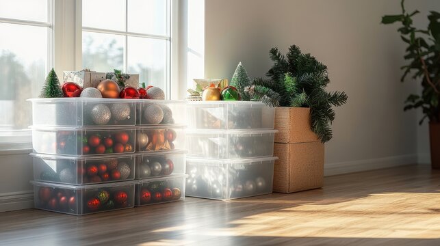 Stacked clear plastic storage bins filled with red, gold, and silver holiday ornaments, small artificial trees and garland beside cardboard boxes on a sunlit wooden floor, calm cozy anticipation