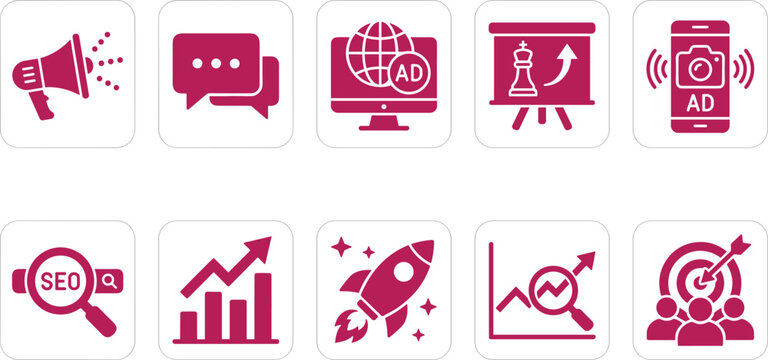 Digital marketing and social media strategy icons featuring rocket growth seo bullseye and communication tools.