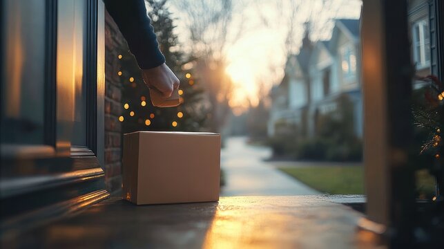 Hand placing a cardboard package on a front doorstep at dusk, warm golden light and holiday string lights on an evergreen, quiet suburban street in soft focus, cozy anticipation