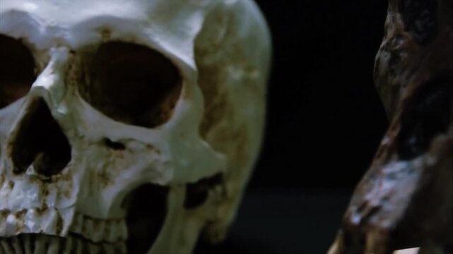 Human Skull on a Dark Desert Landscape with Dramatic Black Background Spooky Anatomy Bone and Horror Concept for Halloween and Medical Themes