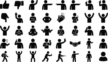 Vector icons set of human hand gestures and various daily postures in a simple flat black solid design © Fensi