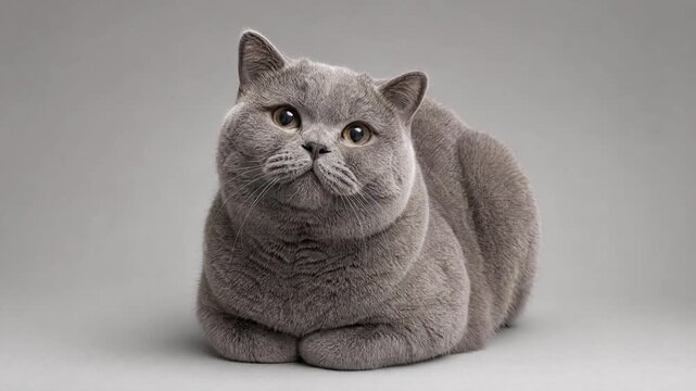 gray cat looking up with curious expression on neutral background